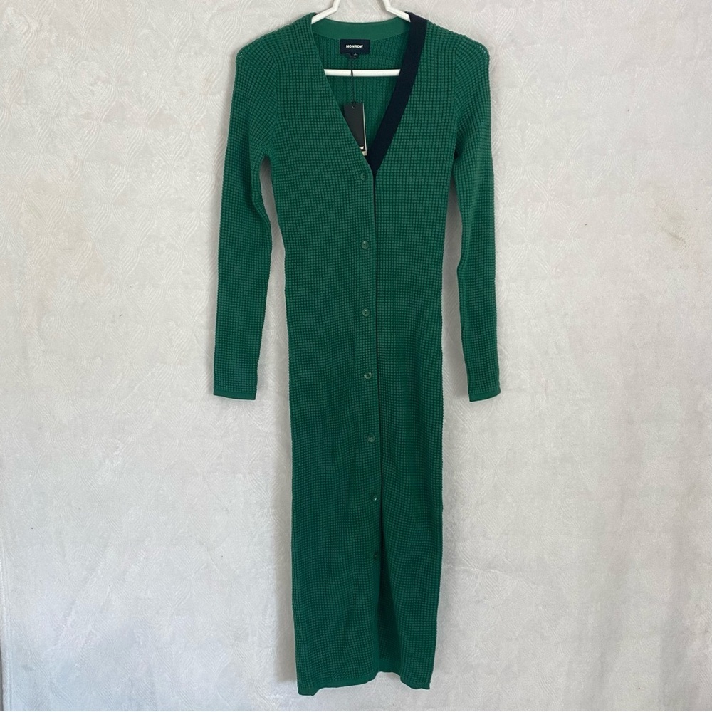 Monrow NWT Waffle Knit Sweater Maxi Sweater Dress Cardigan Women’s Small Green